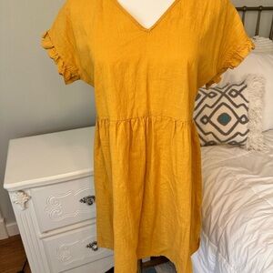 SHEIN Fun Sunshine Yellow Boho Style Linen Like Dress Flutter Sleeves Size XS